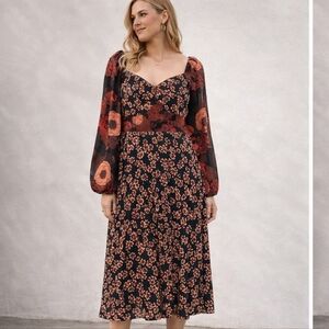 ASOS Floral Midi Dress Size 12 Black Red Long Sleeve Boho Fall Dress